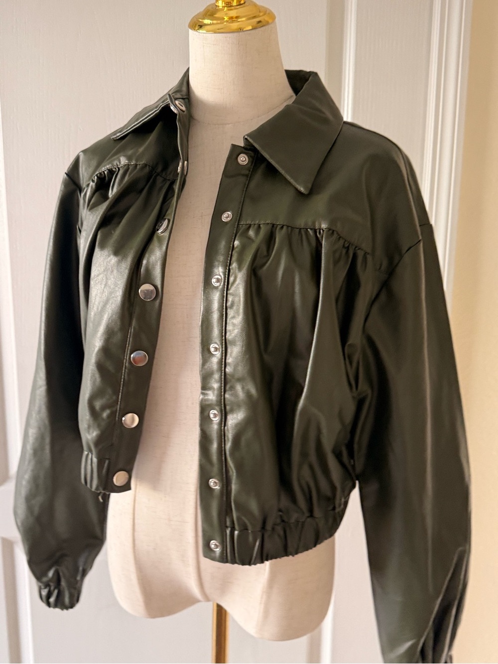 Olive Green Faux Leather Cropped Jacket